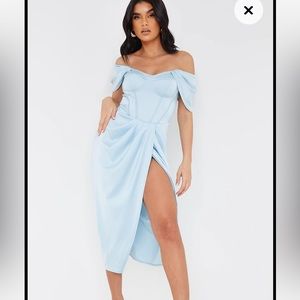 NWT PLT Baby Blue Draped Bardot Midi Dress